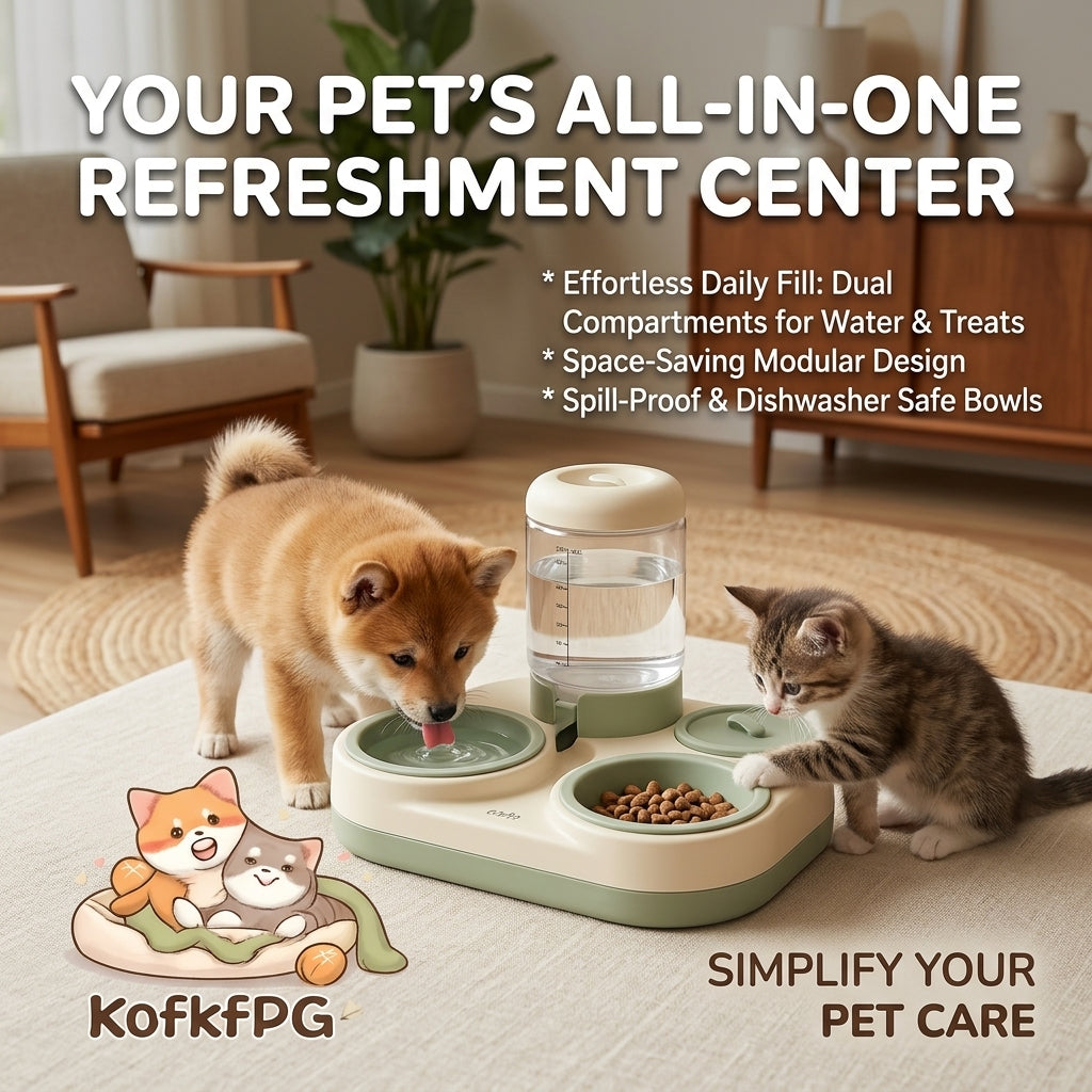 KofkfPG All-In-One Pet Refreshment Center | Automatic Gravity Water Dispenser & Food Bowl Set | Spill-Proof & Dishwasher Safe Design | Modern Space-Saving Feeder for Cats and Small Dogs