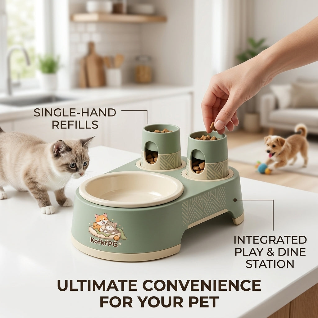 KofkfPG Pet Feeding Station | Automatic Gravity Cat & Dog Food Bowl with Kibble Storage | Integrated Dine & Play Dispenser, Sage Green
