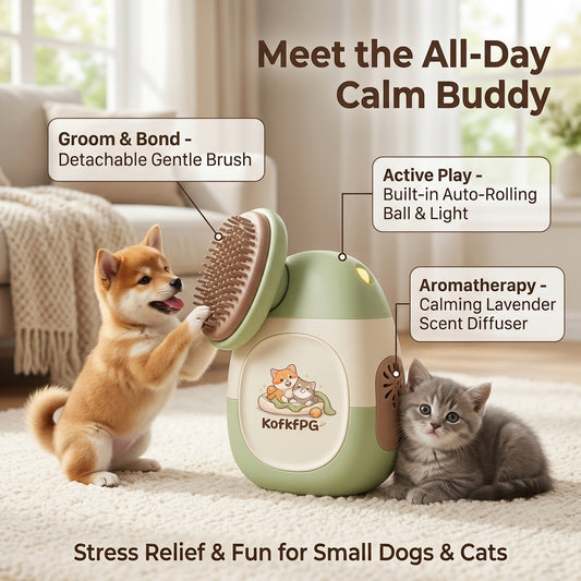 KofkfPG 3-in-1 All-Day Calm Buddy - Interactive Cat & Small Dog Toy with Auto-Rolling Ball, Detachable Grooming Brush, and Lavender Aromatherapy Scent Diffuser - Stress Relief for Puppies & Kittens