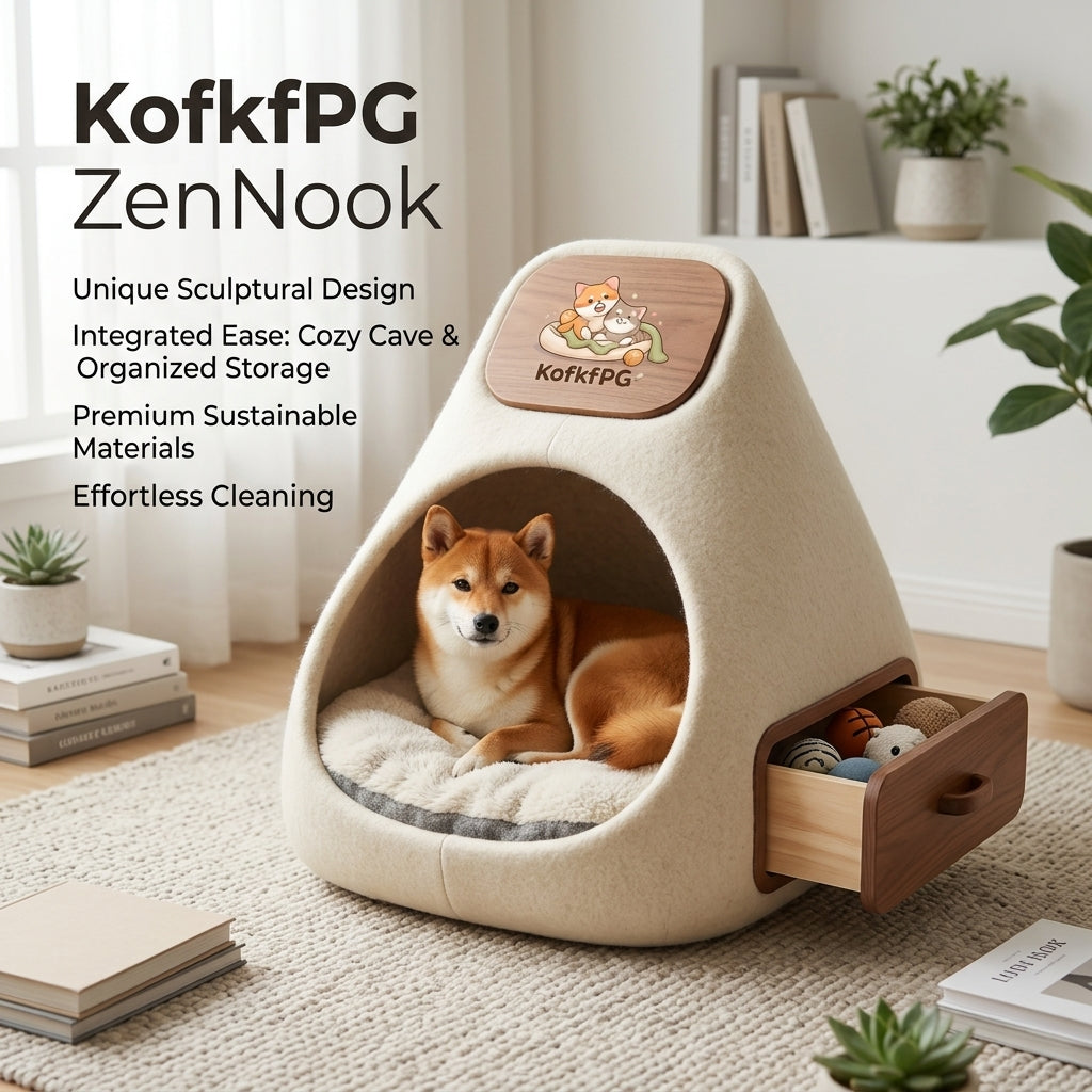 KofkfPG ZenNook – Modern Sculptural Pet Cave Bed with Integrated Storage Drawer | Premium Eco-Friendly Felt Dog & Cat House | Stylish Minimalist Pet Sanctuary for Small to Medium Breeds