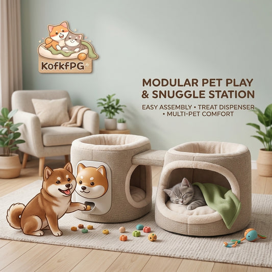 KofkfPG Modular Pet Play & Snuggle Station – 2-in-1 Interactive Dog & Cat House with Built-in Treat Dispenser, Cozy Plush Hideaway Bed, Mental Stimulation Puzzle Toy, Stylish Modern Pet Furniture