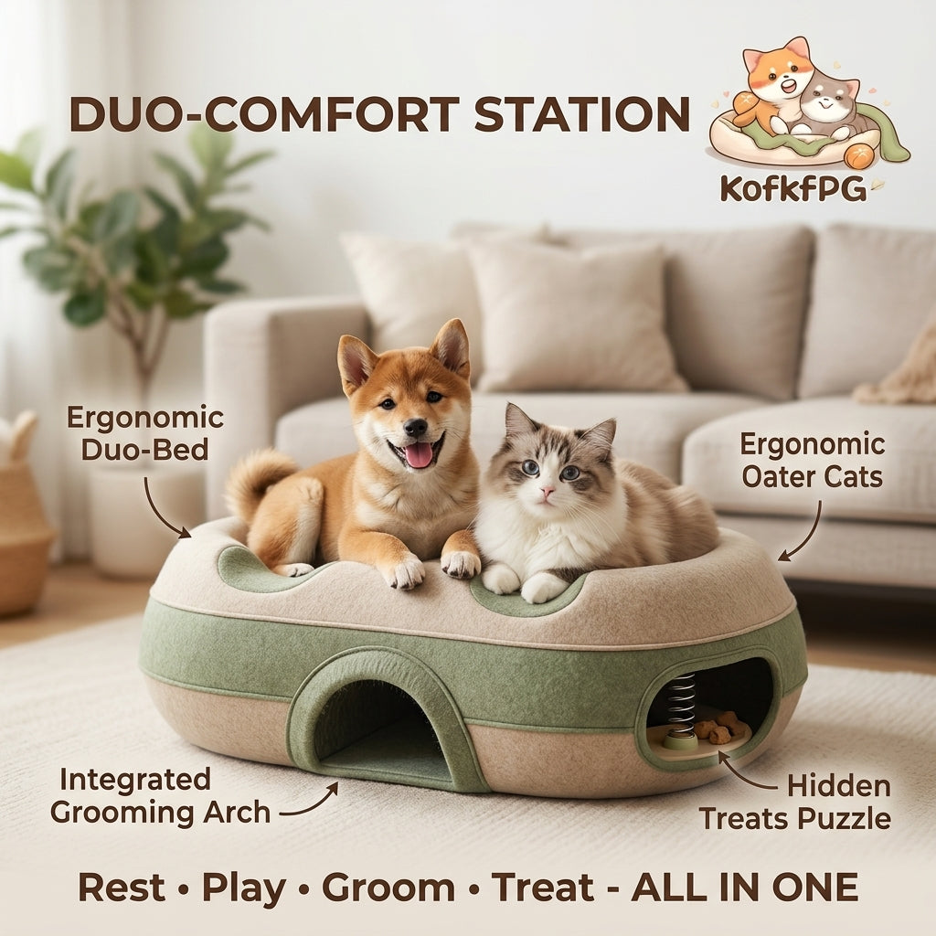 KofkFPG All-in-One Pet Duo-Comfort Station | Multi-Functional Bed for Cats & Small Dogs | Ergonomic Lounge with Integrated Grooming Arch & Hidden Treat Puzzle | Aesthetic Pet Activity & Rest Center
