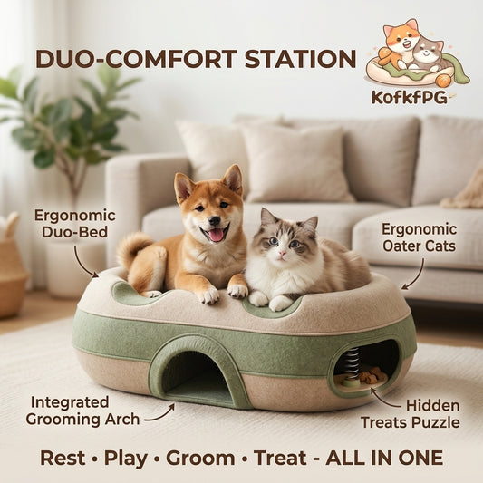 KofkFPG All-in-One Pet Duo-Comfort Station | Multi-Functional Bed for Cats & Small Dogs | Ergonomic Lounge with Integrated Grooming Arch & Hidden Treat Puzzle | Aesthetic Pet Activity & Rest Center